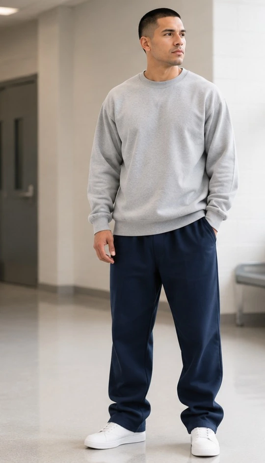 Adult model wearing a grey crewneck sweatshirt and navy sweatpants
